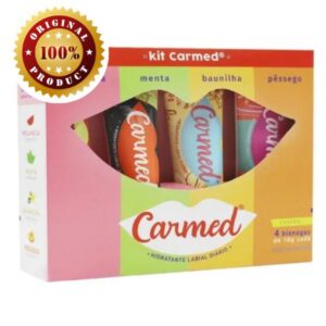 Kit Carmed Hidratante Labial c/ 4 und - 10g cada. Sabores: Melancia, Menta, Baunilha e Pêssego. Com Manteiga de Cacau.